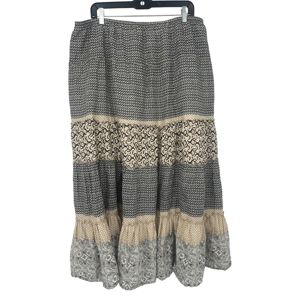 Style & Co Maxi Skirt Women XL Black Beige Tiered Cotton Boho Peasant Festival